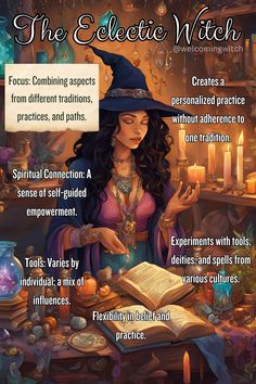 an image of a witch reading a book with the caption's description below