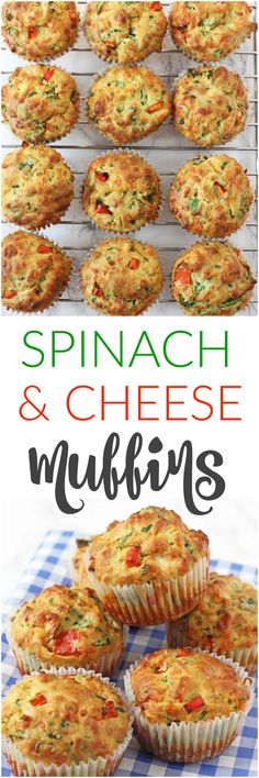 spinach and cheese muffins on a cooling rack with text overlay that reads spinach and cheese muffins