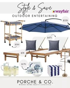 an outdoor entertaining area with blue and white accessories