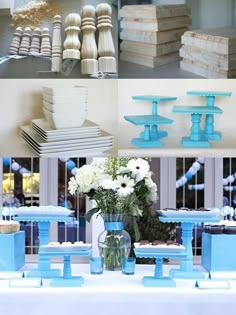 blue and white desserts are displayed on the table with flowers in vases next to them