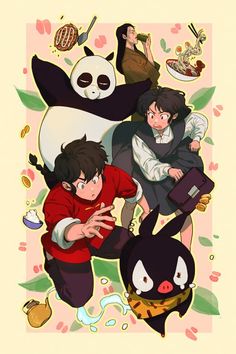 some anime characters with pandas and other animals