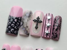 Sickeningly Sweet Pink Goth Gyaru Press on Lacey Silver Cross Emo Core Painted Star Press on Nails Pink and Black Nails Cute - Etsy Pink Grunge Nails, Emo Nails Ideas, Scene Kid Nails, Black Nails Cute, Nails Black And Pink, Pink And Black Fashion, Black Pink Nails, Nails Pink And Black, Scene Nails