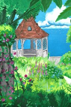 a painting of a gazebo in the middle of flowers and trees with water behind it