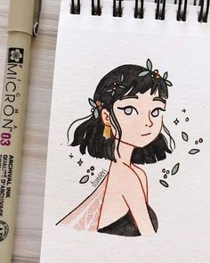 a drawing of a girl with flowers in her hair