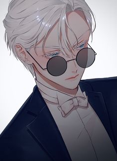 an anime character with white hair and glasses wearing a tuxedo, looking to the side