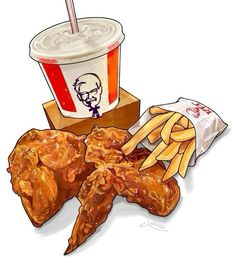 a drawing of chicken wings and fries with a drink on the table next to it