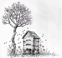 a drawing of a house next to a tree with butterflies flying around it on a white background