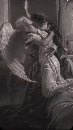 an angel hugging a woman in bed with her arms around her head and wings outstretched