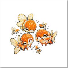 three goldfish swimming in the water with bubbles on their heads and two smaller ones looking at them