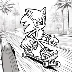 sonic the hedgehog skateboarding down a street with palm trees in the back ground