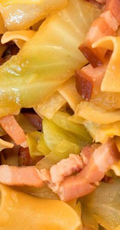 pasta with ham and vegetables is shown close up