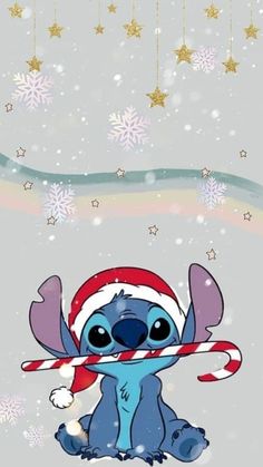 a cartoon character holding a candy cane in front of snowflakes and falling stars