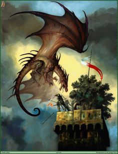 a painting of a dragon flying over a castle with flags on it's roof