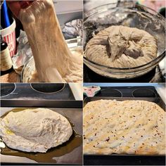 four pictures showing different stages of making pizza dough