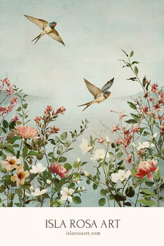 Vintage inspired archival wall art print featuring two swallow birds flying over a wild garden, the delicate details and beautiful colors are expertly preserved on a heavy weight paper. Chinoiserie Art, Vietnam Art, Lotus Art, Botanical Art Prints, Graphic Design Lessons, Vintage Birds, Birds Flying, Vintage Botanical, Bird Prints