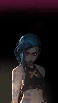 a woman with blue hair and tattoos on her body standing in front of a black background