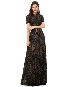 Buy Modest Formal Long Black Sparkly Sequins Prom Dress With Short Sleeves at wholesale price online. High quality custom-made service pro since 2009. Prom Dresses With Short Sleeves, Dresses With Short Sleeves, Glitter Prom Dress, Sweep Train Prom Dress, Modest Prom, Prom Dresses With Pockets, Corset Dress Prom, Evening Dresses With Sleeves, Sequin Prom Dress