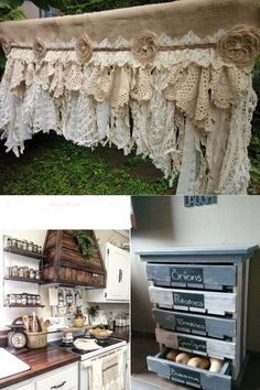 an old dresser is decorated with lace and burlocks for the kitchen counter top