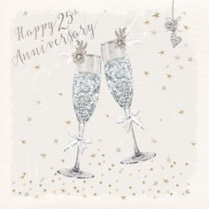 two champagne glasses with silver glitters and bows on them are the words happy 25th anniversary