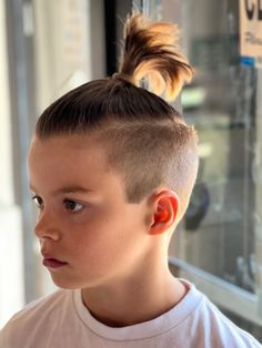 He wanted a man bun! Kids Man Bun Boys, Boy Undercut Hair Kids, Toddler Man Bun, Boys Man Bun Haircut, Little Boys Haircut Trendy, Boys Undercut Hairstyle Long, Boys With Ponytails, Boys Bun, Kids Man Buns