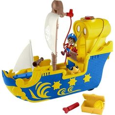 a yellow and blue toy boat with a pirate on it