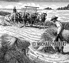 black and white drawing of two men in a field with horses pulling a cart full of hay