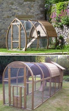 two different types of chicken coops in the grass and one is made out of wood