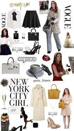 the new york city girl collage is shown in black and white, with many different accessories