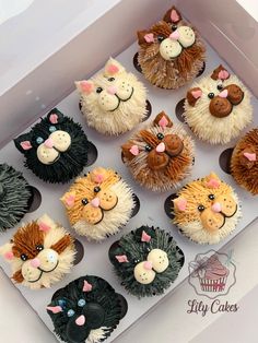 cupcakes in the shape of animals are decorated with icing