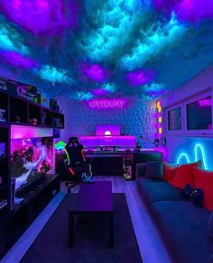 a living room filled with purple and blue lights under a cloudy sky covered in clouds