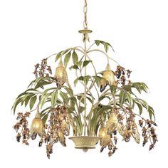 a chandelier with flowers and leaves hanging from it