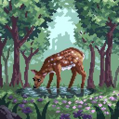 a deer is standing in the middle of a forest with purple flowers and green trees