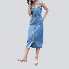 Introducing the 2023 Spring-Summer Collection's ultimate statement piece ââ‚?a long women's denim dress with 90s vibes! Crafted with premium quality denim and inspired by the iconic '90s punkish movement. this dress is a unique blend of contemporary vogue and nostalgic trend.Why You'll Love ItThis denim dress exudes an effortlessly cool attitude with its laid-back distressed pattern and light wash. Perfectly hugging your silhouette. it ensures you look chic without compromising on ease. And with Dark Wash Button Closure Summer Dress, Trendy Light Wash Denim Dress, Sleeveless Relaxed Fit Denim Dress, Non-stretch Denim Dress In Dark Wash, Casual Summer Denim Dress With Relaxed Fit, Spring Cotton Denim Dress With Button Closure, Non-stretch Dark Wash Denim Dress, Casual Relaxed Fit Denim Summer Dress, Summer Medium Wash Denim Jumpsuit