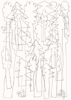 a black and white drawing of trees with lines on the bottom, in front of them