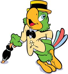 a cartoon bird with a top hat and green pants is holding a black object in his hand