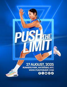 the poster for push the limit featuring a woman in blue running with her hands up