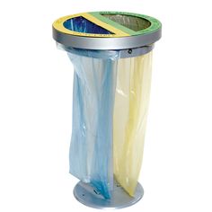 a trash can that is wrapped in plastic and sitting on top of a metal stand