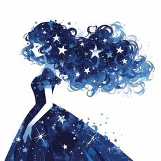 a woman in a blue dress with stars on her hair is looking up at the sky