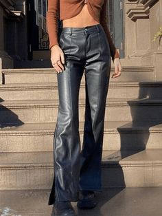 Casual Ladies Solid PU Leather Pants Split Flare Leg Pu Leather Pants - AnotherChill Summer Y2k Outfits, Styling Women, Leather Pants Black, 2nd Year, Y2k Outfits, Trouser Style, Crop Top Blouse, Vintage Streetwear, Fit Inspo