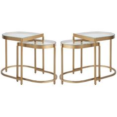 two tables with glass top and gold metal frame, one has a round table on the bottom