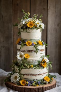 a wedding cake with daisies and wildflowers on top sits on a table