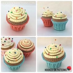 four pictures of cupcakes with icing and sprinkles on them