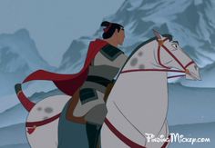 an animated image of a man riding on the back of a white horse in front of snow covered mountains