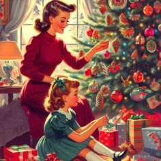 a painting of two girls decorating a christmas tree