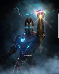 an iron man standing in the clouds with his hand up and lightning behind him,