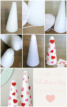 how to make valentine's day yarn trees with paper plates and hearts on them