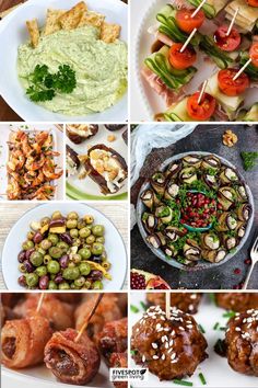 several pictures of different foods and vegetables on the same plate, including olives, breadsticks, appetizers