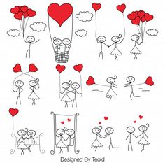 cartoon stick figures with hearts and balloons