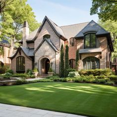 a large brick house surrounded by lush green grass and trees in front of the home