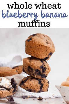 blueberry banana muffins stacked on top of each other with text overlay